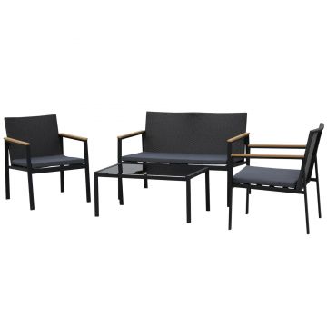 Outsunny Set Mobilier de Grădină din Ratan din 2 Scaune cu Brațe pentru Terasă, Bancă și Masă de Cafea, 80x42x37 cm, Negru | Aosom Romania Outsunny Set Mobilier de Grădină din Ratan din 2 Scaune cu Brațe pentru Terasă, Bancă și Masă de Cafea, 80x42x37 cm, Negru | Aosom Romania