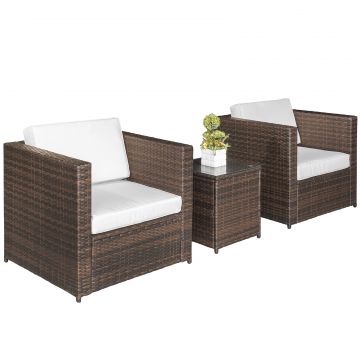 Outsunny Set Mobilier Gradina din Ratan 2 Scaune Fotolii terasa cu Perne Decorative si Masa in Sticla de cafea, 75x66x66cm Culoarea Maro