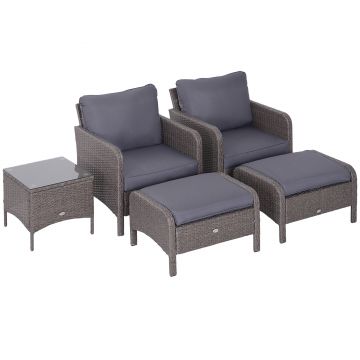 Outsunny Set Mobilier Gradina din Ratan 5 Piese 2 Fotolii Terasa 2 Pouf si Masa de Cafea in sticla cu Perne Decorative, 46x46x42cm Culoare Gri