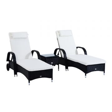 Outsunny Set Mobilier de Grădină din Ratan Negru cu Măsuță și 2 Șezlonguri Exterior cu Saltele Captușite Confortabile 200x73x103cm | Aosom Romania