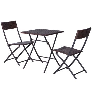 Outsunny Set Mobilier Gradina din Ratan PE Masa de Cafea cu 2 Scaune Terasa Pliante, 60x60x72cm Maro | Aosom.ro