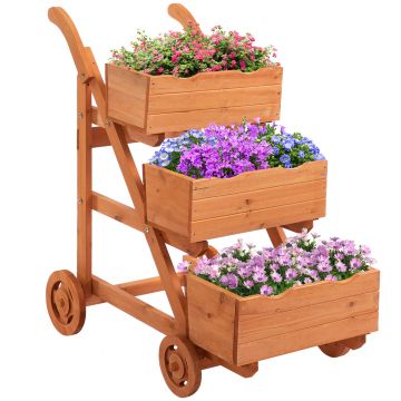 Outsunny Vază Verticală din Lemn cu 3 Nivele și Cărucior cu 4 Roți pentru Plante, Flori, Aromatice | Aosom Romania