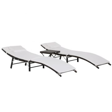 Outsunny Set Mobilier Grădină din Ratan, Set de Grădină cu Masuță, 2 Sezlonguri, 102x19x60 cm, Crem