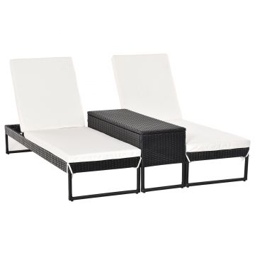 Outsunny Set Sezlong Pat din Ratan PE cu Spatar Reglabil si Masa de Cafea, 60x195x86cm Negru si Saltele albe | Aosom.ro