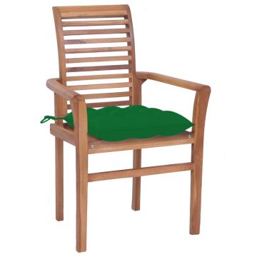 vidaXL Scaune de masă cu perne verde, 2 buc., lemn masiv tec