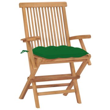 vidaXL Scaune grădină cu perne, 2 buc., verde, lemn masiv tec