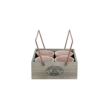 Set rustic 4 ghivece in lada de lemn cu maner Esschert Design Olanda, 20x21,5x8 cm