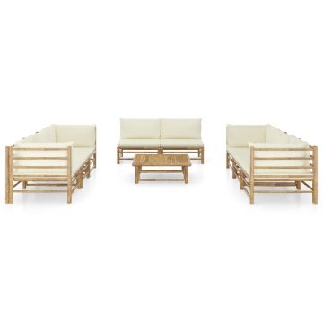 vidaXL Set mobilier de grădină cu perne alb crem, 9 piese, bambus
