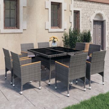 vidaXL Set mobilier grădină, 9 piese, gri, poliratan, lemn acacia