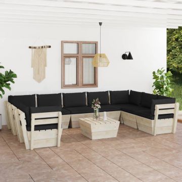 vidaXL Set mobilier grădină paleți, 10 piese, cu perne, lemn de molid