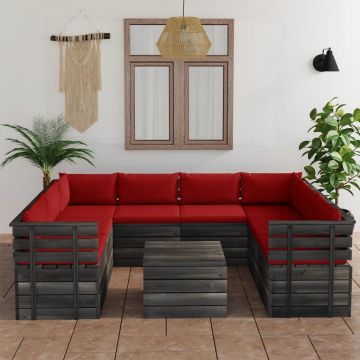 vidaXL Set mobilier grădină din paleți, 9 piese, cu perne, lemn masiv pin