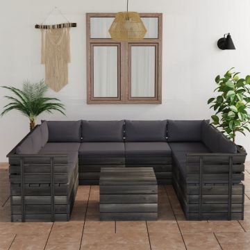 vidaXL Set mobilier grădină paleți, 9 piese, cu perne, lemn masiv pin