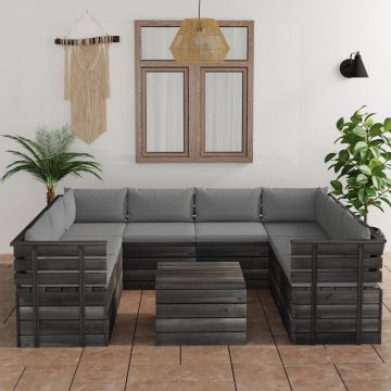 vidaXL Set mobilier grădină din paleți, 9 piese, cu perne, lemn masiv pin