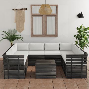 vidaXL Set mobilier grădină din paleți, 9 piese, cu perne, lemn pin