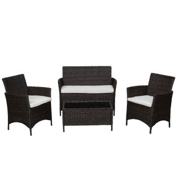 Set Mobilier de Exterior Outsunny Canapea cu 2 Fotolii, Masuta, Ratan PE, Negru, Alb | Aosom RO