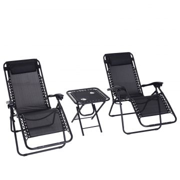 Outsunny Set Mobilier de Gradina 2 Scaune Rabatabil si Masuta Reglabila Pliabila,Tesatura de Textilen, Negru