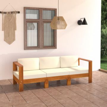 vidaXL Canapea grădină cu 3 locuri, perne alb/crem, lemn masiv acacia