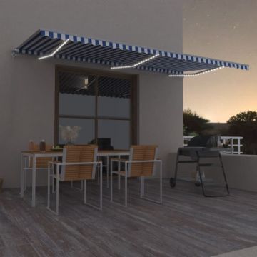 vidaXL Copertină retractabilă manual LED, albastru și alb, 600x350 cm