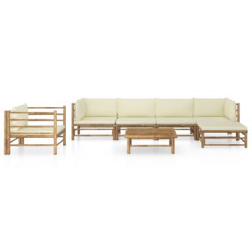 vidaXL Set mobilier de grădină cu perne alb crem, 7 piese, bambus