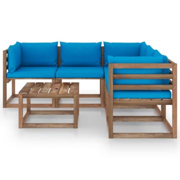 vidaXL Set mobilier de grădină cu perne bleu, 6 piese, lemn pin tratat