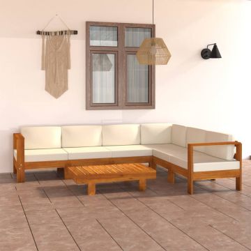 vidaXL Set mobilier grădină perne alb/crem, 7 piese, lemn masiv acacia