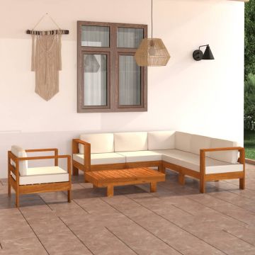 vidaXL Set mobilier grădină perne alb/crem, 7 piese, lemn masiv acacia