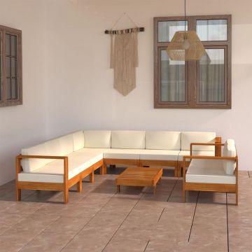 vidaXL Set mobilier grădină perne alb crem, 9 piese, lemn masiv acacia