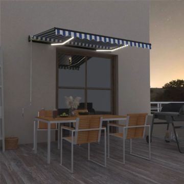 vidaXL Copertină retractabilă manual cu LED, albastru&alb, 400x300 cm