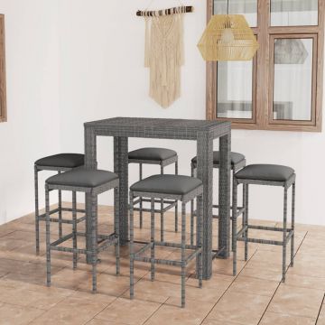 vidaXL Set mobilier bar de grădină cu perne, 7 piese, gri, poliratan