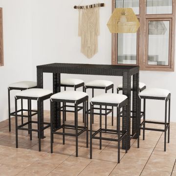 vidaXL Set mobilier bar de grădină cu perne, 9 piese, negru, poliratan