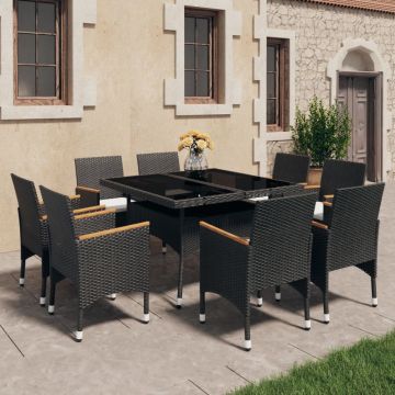 vidaXL Set mobilier grădină, 9 piese, negru, poliratan și lemn acacia