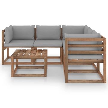 vidaXL Set mobilier de grădină cu perne gri, 6 piese, lemn pin tratat