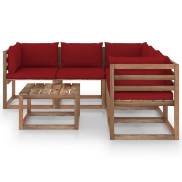 vidaXL Set mobilier de grădină perne roșu vin, 6 piese lemn pin tratat