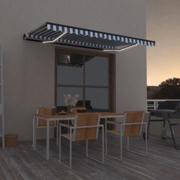 vidaXL Copertină manuală cu LED, albastru și alb, 450x350 cm vidaXL Copertină manuală cu LED, albastru și alb, 450x350 cm