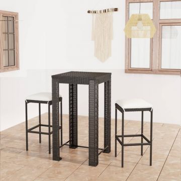 vidaXL Set mobilier bar de grădină cu perne, 3 piese, negru, poliratan