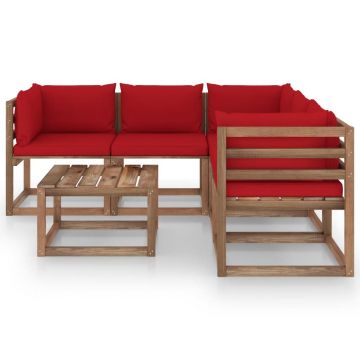 vidaXL Set mobilier de grădină cu perne roșii, 6 piese lemn pin tratat