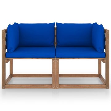 vidaXL Canapea din paleți de grădină 2 locuri perne albastre, lemn pin