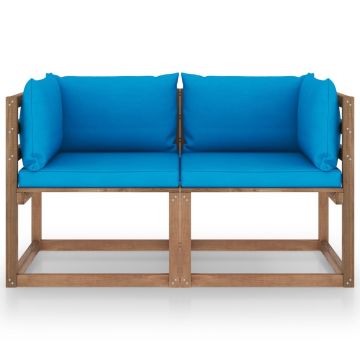 vidaXL Canapea din paleți de grădină, 2 locuri, perne bleu, lemn pin