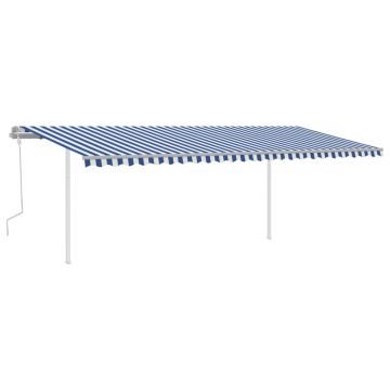 vidaXL Copertină retractabilă manual cu stâlpi, albastru/alb, 6x3,5 m