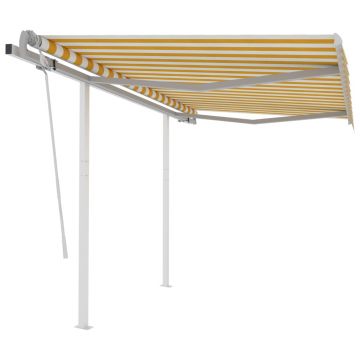 vidaXL Copertină retractabilă manual cu stâlpi, galben/alb, 3x2,5 m