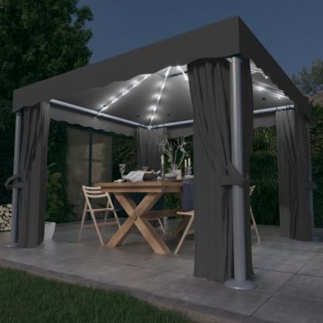 vidaXL Pavilion cu perdele & șiruri lumini LED, antracit, 3x3 m