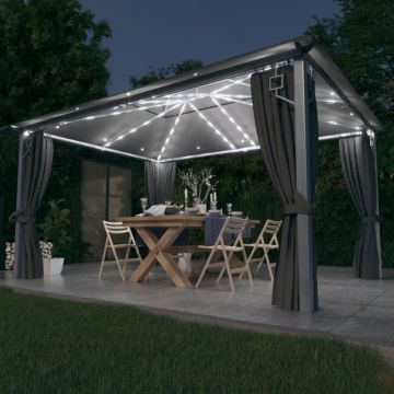 vidaXL Pavilion cu perdele & șiruri lumini LED antracit 4x3m aluminiu