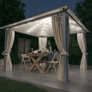 vidaXL Pavilion cu perdele & șiruri lumini LED, crem, 3x3 m, aluminiu