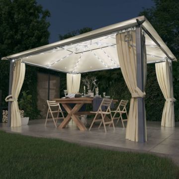 vidaXL Pavilion cu perdele & șiruri lumini LED, crem, 4x3 m, aluminiu