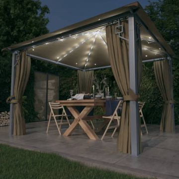 vidaXL Pavilion cu perdele&șiruri lumini LED gri taupe 3x3 m aluminiu
