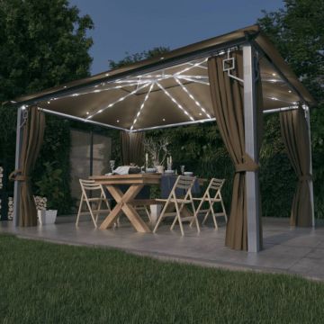 vidaXL Pavilion cu perdele&șiruri lumini LED gri taupe 4x3m aluminiu