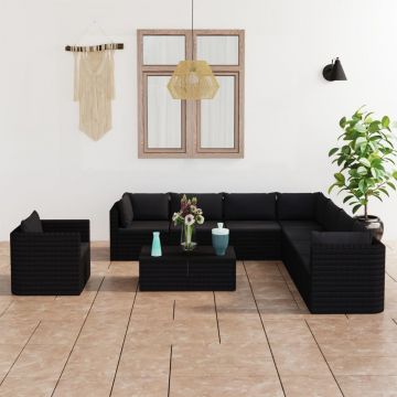 vidaXL Set mobilier de grădină cu perne, 10 piese, negru, poliratan