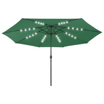 vidaXL Umbrelă de soare exterior, LED-uri & stâlp metal, verde, 400 cm