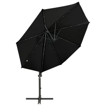 vidaXL Umbrelă suspendată cu stâlp și LED-uri, negru, 300 cm