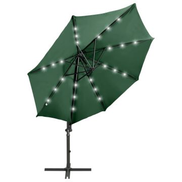 vidaXL Umbrelă suspendată cu stâlp și LED-uri, verde, 300 cm